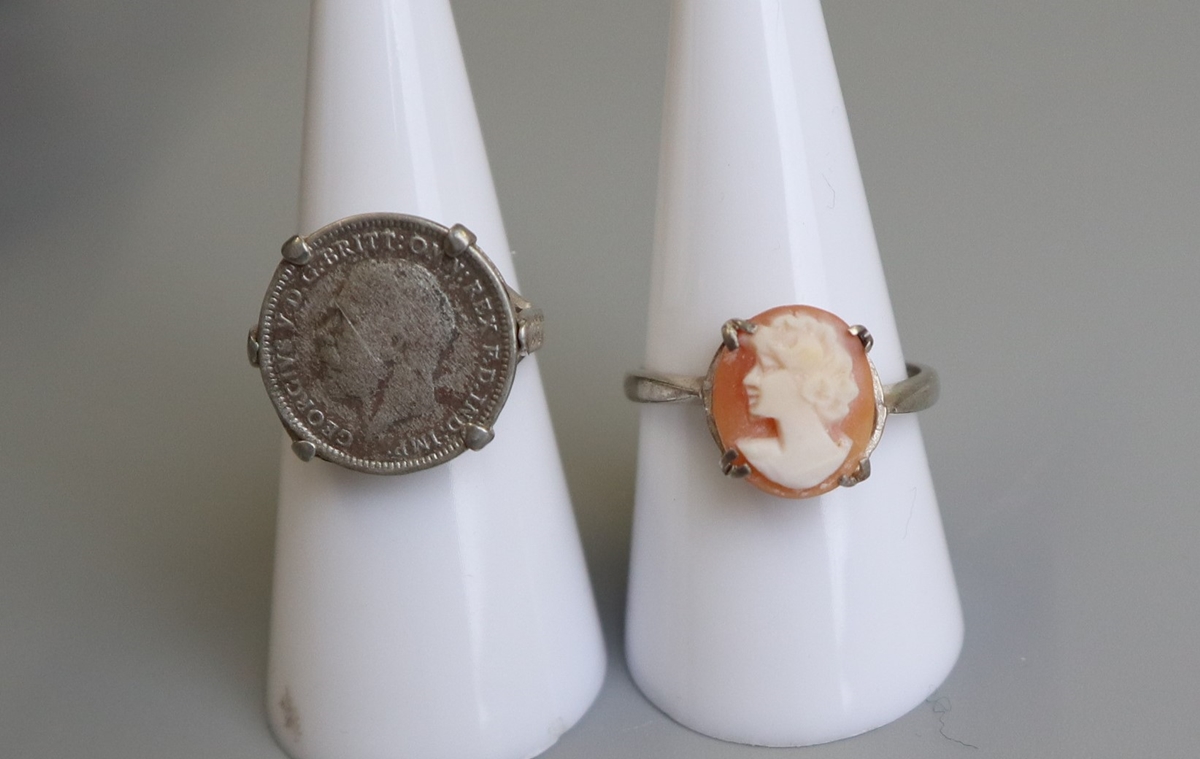 Silver cameo ring together with silver sixpence ring