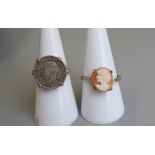 Silver cameo ring together with silver sixpence ring