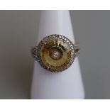Unusual gold citrine & diamond set ring - Size O