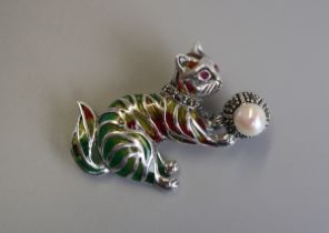 Silver & champleve enamel cat brooch with ruby eyes