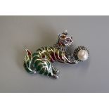 Silver & champleve enamel cat brooch with ruby eyes