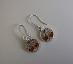 Pair of silver & amber 'Tree of Life' earrings