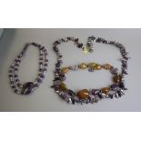 3 necklaces with amethyst, pearl and carnelian stones