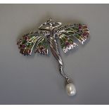 Silver champleve enamel & ruby set fairy brooch