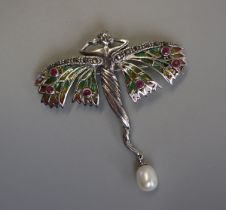 Silver champleve enamel & ruby set fairy brooch