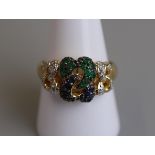 Unusual 18ct gold emerald, sapphire & diamond ring - Size S