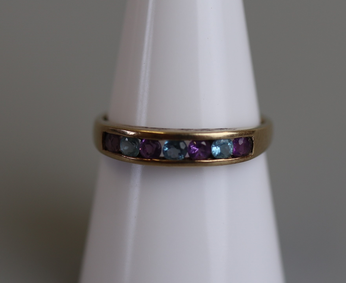 Gold amethyst & blue topaz ring - Size O