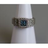 18ct white gold ring set with princess cut blue & white diamonds - Size M