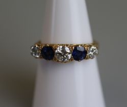 Fine antique 18ct gold 5 stone sapphire & diamond set ring - Size N