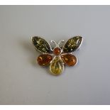 Silver & amber butterfly brooch