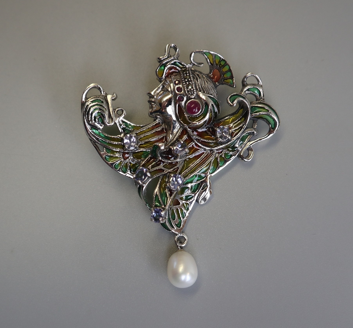 Silver champleve enamel & stone set Art Nouveau style pendant / brooch