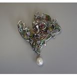 Silver champleve enamel & stone set Art Nouveau style pendant / brooch