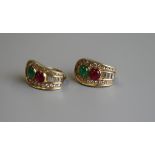 Fine pair of 18ct gold cabochon ruby, emerald & diamond earrings