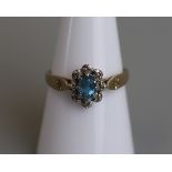 Gold blue topaz & diamond cluster ring - Size O½