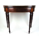 A late 18th century mahogany, banded and strung demi lune card table,