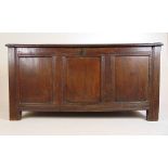 An early 18th century oak coffer, the four panel top over the three panel front, h. 69 cm, w.