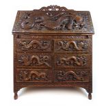 An early 20th century carved teak Kashmir bureau with Chinese influence,