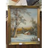 A modern gilt framed oil on canvas of a snowy winter scene