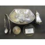 Four assorted silver hallmarked items consisting of pepper pot, patch box, an embossed box,