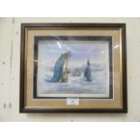 A framed and glazed mounted picture of penguins