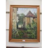 A modern framed oil on canvas of cottage garden scene