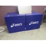 A pair of Asics advertising stools