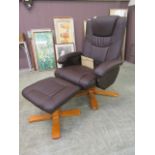 A brown upholstered massage recliner chair with stool