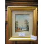 A framed and glazed oil painting of snowy countryside scene