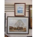 A framed and glazed print of a sheep through village scene after Alan Engham along with one other