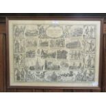 A framed and glazed print of Stratford Upon Avon depicting buildings and characters from