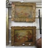 A pair of ornate gilt framed oil on boards of hunting scenes