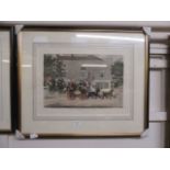 A framed and glazed hand coloured etching titled 'The Birmingham Tally Ho! Coaches'