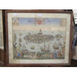 A framed and glazed St Malo hand coloured etching,