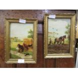 Two framed oil on boards of harvest and ploughing scenes