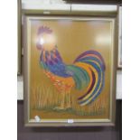 A framed and glazed fabric artwork of large cockerel