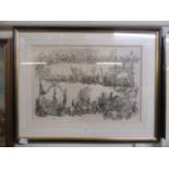 A framed and glazed Coventry themed etching depicting procession with Lady Godiva and elephants