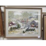 A framed and glazed print on fabric of snowy village scene