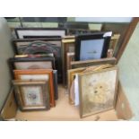 A tray containing a quantity of framed and unframed prints, oil of still life,