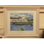 A framed and glazed pen and watercolour of church by lake scene signed Quinn