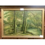 A framed oil on canvas of bridge over weir scene signed Willis Pryce