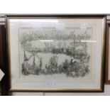 A framed and glazed Coventry themed etching depicting procession with Lady Godiva and elephants