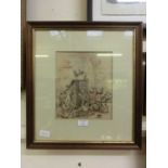 A framed and glazed possible hand coloured etching of rowdy street scene date 1881