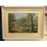 A framed and glazed pastel of river through woodland scene signed Roe