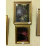 Two framed oil paintings of woodland scene and moonlit river scene signed J.F.Black