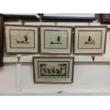 Four framed and glazed cut out paper silhouettes depicting children at play and bacchanalian