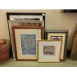 A selection of framed prints to include still life, buildings, etc