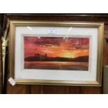 A framed and glazed oil painting of sunset over castle ruins by Roberto Luigi ValenteCondition