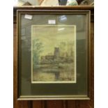A framed and glazed watercolour of lake before church scene signed C.H.Harrison