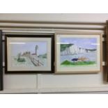 Two framed and glazed watercolours of lighthouse scene and the white cliffs signed Carmichael