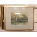 A framed and glazed watercolour of boat on lake scene signed Harrison